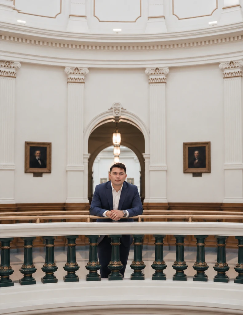 A professional portrait framed by the Texas Capitol’s architecture