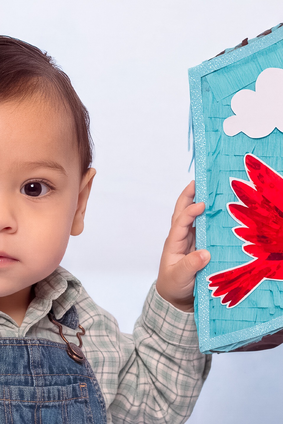 A close-up portrait of a child resting one hand on a turquoise birthday decoration