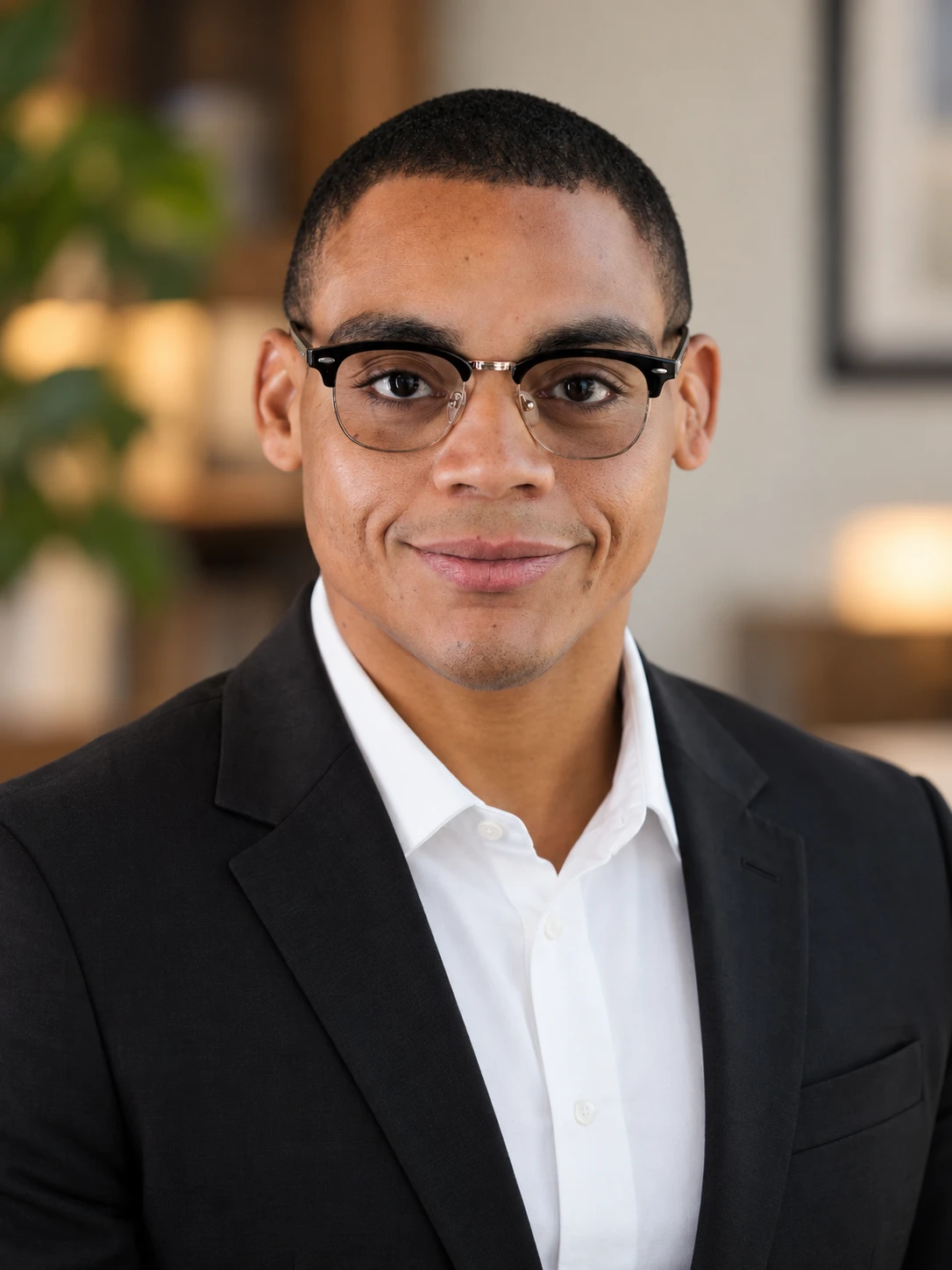 A man wearing glasses, a dark jacket, and a white shirt